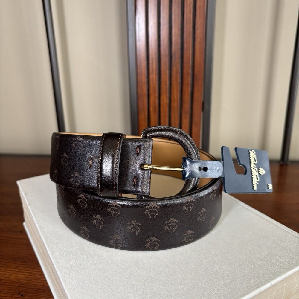 New Brooks Brothers Italian Made Brown Leather Logo Dress Belt Sz Medium